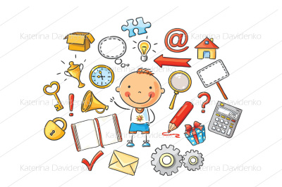 Cartoon child with different objects and symbols