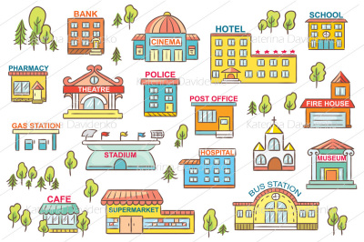 Set of simple colorful cartoon city buildings with signs