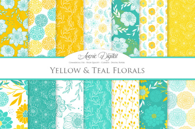 Yellow and Teal Floral Vector Patterns and Digital Papers