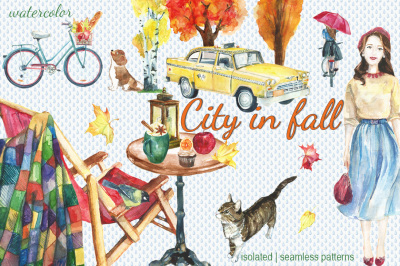 City in fall watercolor set