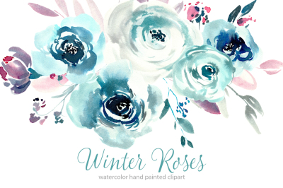 Watercolor blue winter roses PNG