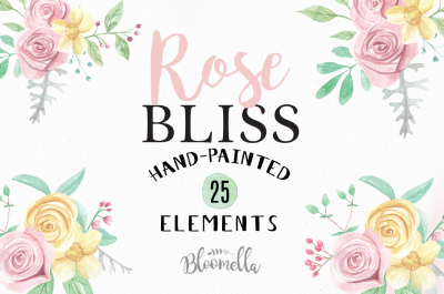 25 Watercolour Pink Rose Bliss Spring Summer Clipart Hand Painted Elements Wedding
