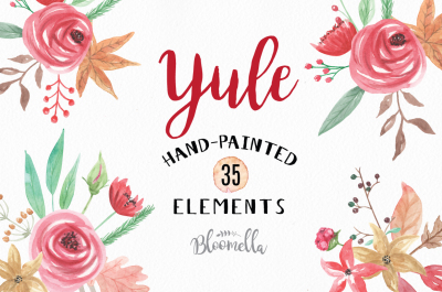 Yule Watercolor Hand Painted Elements Christmas Winter Package