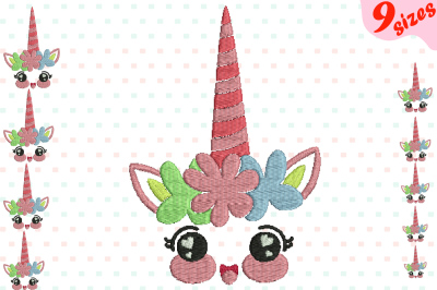 Flower Unicorn Embroidery Design Machine Instant Download Commercial Use digital file 4x4 5x7 hoop icon symbol sign Strings birthday face smile kawaii animals 132b
