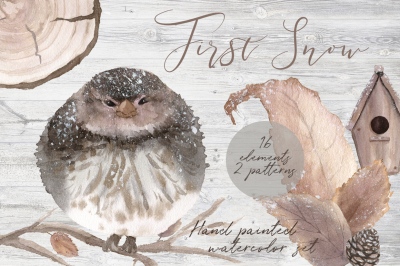 First snow Watercolor Clipart Set