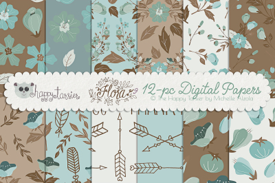 Flower Digital Papers and Seamless Pattern Designs &ndash; Flora 09 &ndash; Teal &amp; Brown Flower Floral Patterns Backgrounds