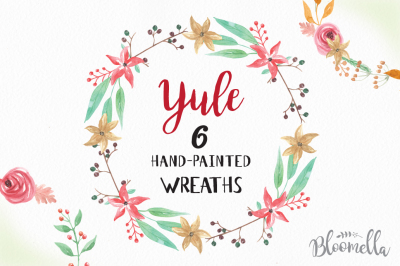 Watercolor Hand Painted 6 x Wreath Yule Holidays Christmas Garland collection