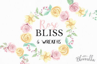 Rose Bliss Watercolor Wreath hand Painted Pink Yellow Lemon Garlands Wedding Clipart