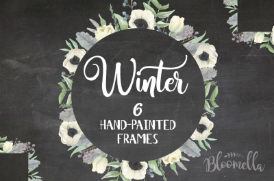 Winter Watercolor Hand Painted Anemones Flower Floral Clipart Frames Christmas Holidays