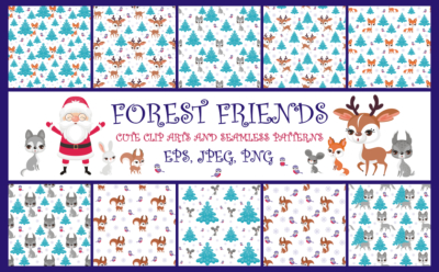 Forest friends. Cute clip arts and seamless patterns.