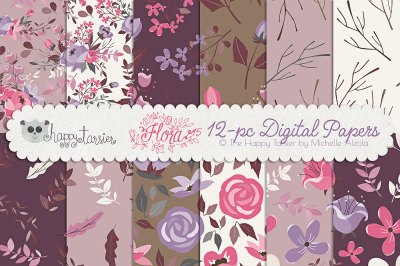 Flower Digital Papers and Seamless Pattern Designs &ndash; Flora 15 &ndash; Purple and Pink Flower Floral Patterns Backgrounds