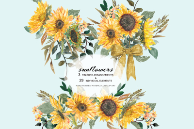Hand Painted Watercolor Sunflower Clipart 