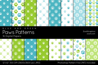 Paws Patterns Blue & Green Digital Papers
