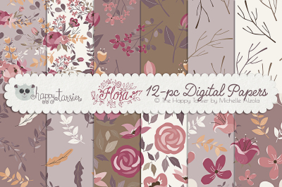 Flower Digital Papers and Seamless Pattern Designs &ndash; Flora 17 &ndash; Red, Brown and Earth Tones Flower Floral Patterns Backgrounds