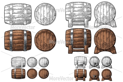 Wooden barrel front and side view. Engraving 