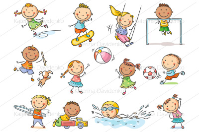 Set of cartoon kids outdoor activities, sports and games