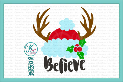 Believe svg, Christmas svg, Santa hat svg, deer antlers svg, antlers Santa hat, believe Santa hat svg, iron on, printable, girls Christmas