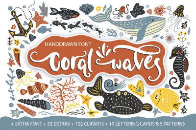 Coral waves. Font and clip arts.