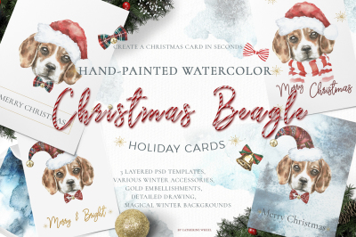 Christmas Watercolor Beagle Cards Template