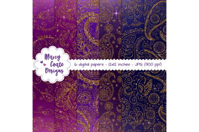 Paisley Glitter Digital Papers in Pink, Purple & Blue