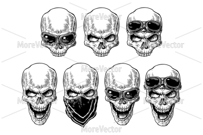 Skull smiling with bandana and glasses for motorcycle on forehead and eyes. 