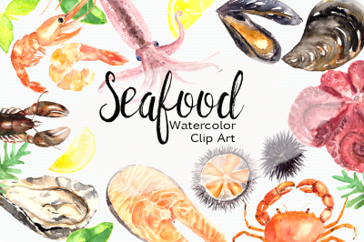 Watercolor Seafood Clip Art Set