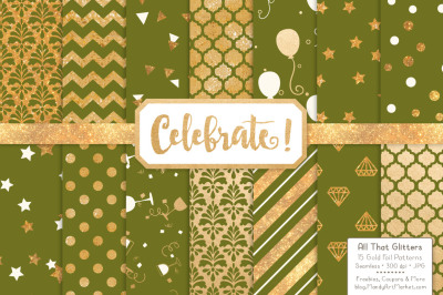 Celebrate Gold Glitter Digital Papers in Avocado