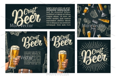 Two male hands holding a beer glass. Craft Beer calligraphic lettering. Vintage color vector engraving 