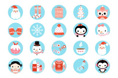 Digital Christmas collage sheet, Round Christmas circle icons clipart