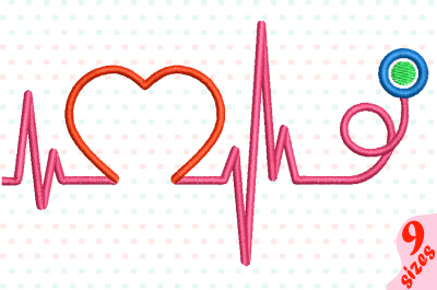 Heart Pulse Line Embroidery Design Machine Instant Download Commercial Use digital file icon symbol sign Nursing Nurse Stethoscope heart rate wave frequency medical medic rhythm medicine frame love 157b
