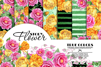 Yellow Red Rose Flower Story Digital Paper Pack Mint Black Digital Paper Tea Roses Digital Paper Garden Digital Paper Watercolor Roses Paper