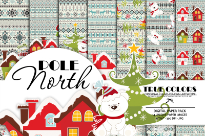 North Pole Christmas Digital Paper Pack Teddy Bear Digital Paper Pack Nordic Pattern Paper Pack Christmas Tree Digital Paper Pack Blue Paper