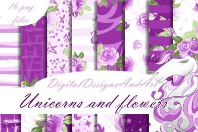 Unicorns and flowers in purple