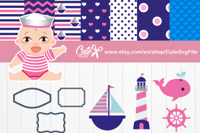 Girl's Nautical Clipart Set, boats, whale, lighthouse, Nautical Scrapbooking Paper, Digital Paper 12x12