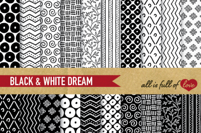  Hand drawn Black and White Digital Paper Pack: Dream Collection