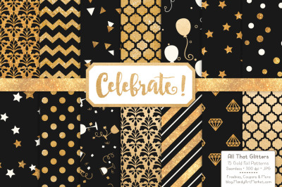 Celebrate Gold Glitter Digital Papers in Black