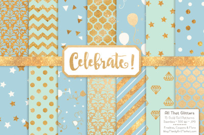 Celebrate Gold Glitter Digital Papers in Blue & Mint