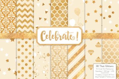 Celebrate Gold Glitter Digital Papers in Cream