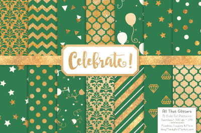 Celebrate Gold Glitter Digital Papers in Emerald