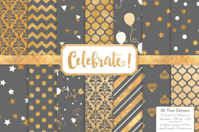Celebrate Gold Glitter Digital Papers in Grey