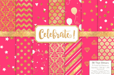 Celebrate Gold Glitter Digital Papers in Hot Pink