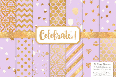 Celebrate Gold Glitter Digital Papers in Lavender
