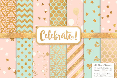 Celebrate Gold Glitter Digital Papers in Mint &amp; Peach
