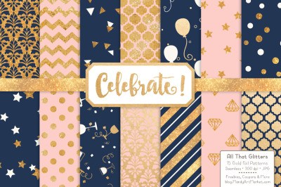 Celebrate Gold Glitter Digital Papers in Navy & Blush