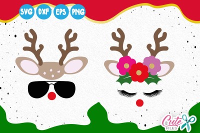 Reindeer face,  horns, Deer svg,  eyelashes, christmas cut file