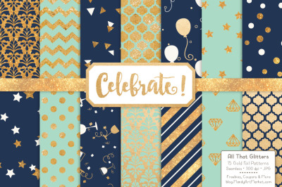 Celebrate Gold Glitter Digital Papers in Navy & Mint