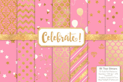 Celebrate Gold Glitter Digital Papers in Pink
