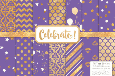 Celebrate Gold Glitter Digital Papers in Purple