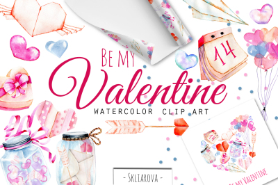 Be my Valentine. Watercolor clip art