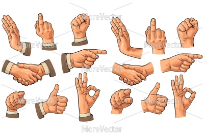 Male hand sign. Fist, Like, handshake, Ok, Pointing, Stop, finger at viewer from front.